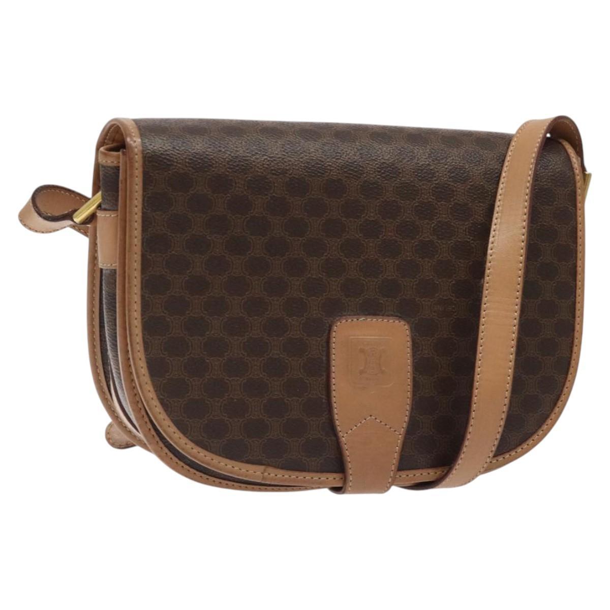 Celine Macadam Canvas Shoulder Bag Pvc Leather Brown Gold Auth Ep8986